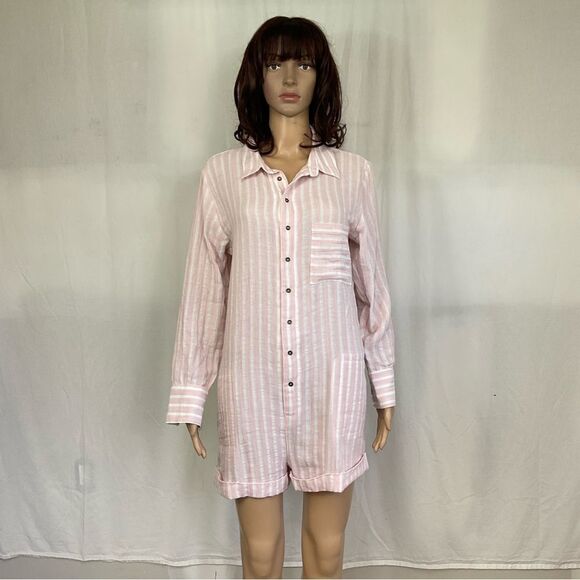 NEW Plush Apparel Pink White Striped Cotton & Linen Pajamas Sleep Romper Small - Picture 3 of 11